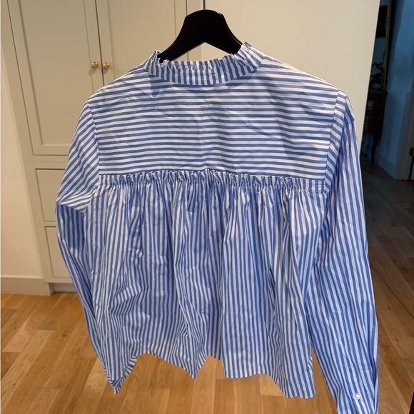 NWT Veronica Beard Blue and White Striped Ruffle-Neck Blouse - Picture 2 of 4